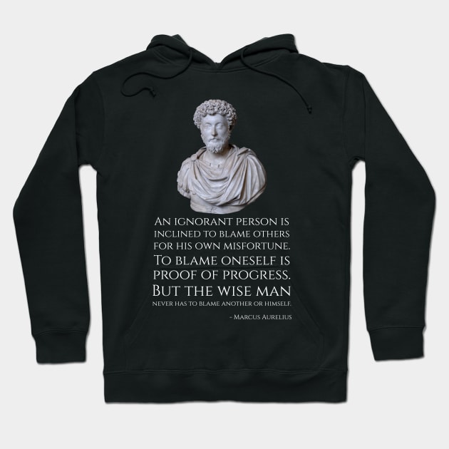 An ignorant person is inclined to blame others for his own misfortune. To blame oneself is proof of progress. But the wise man never has to blame another or himself. - Marcus Aurelius Hoodie by Styr Designs